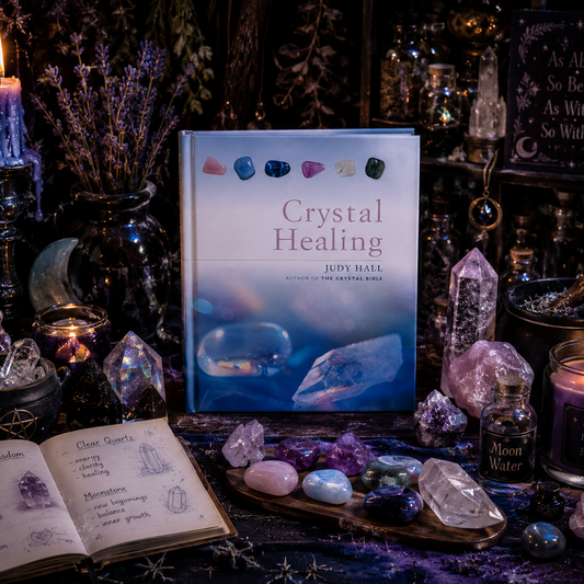 Book titled 'Crystal Healing' by Judy Hall surrounded by crystals, candles, and other mystical items on a dark background.