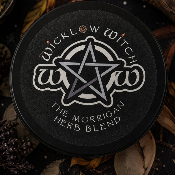 Black container lid with 'Wicklow Witch' and 'The Morrigan Herb Blend' text and pentagram design.