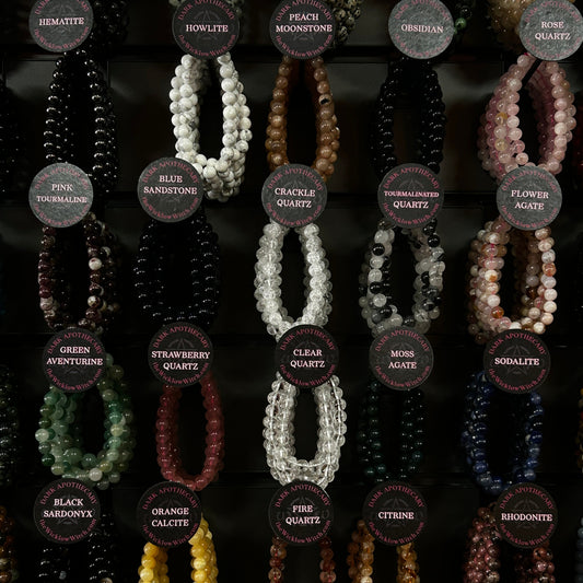 A display of multiple beaded crystal necklaces arranged in rows on a dark background, each labeled with a circular tag showing the stone name such as hematite, howlite, obsidian, turquoise, clear quartz, green aventurine, smoky quartz, hand agate, bodalite, yellow tiger's eye, orange calcite, citrine, and amethyst.