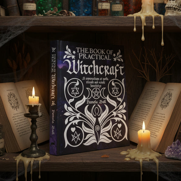 Book titled 'The Book of Practical Witchcraft' on a wooden surface with candles and books in the background.