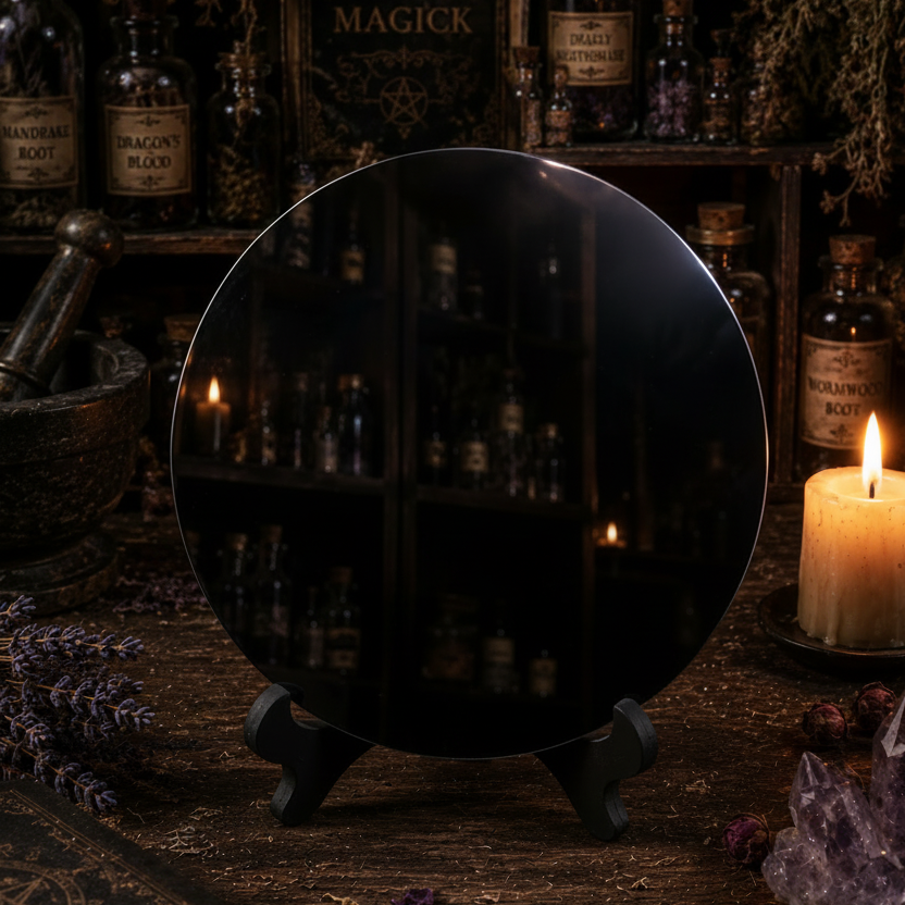 Decorative mirror with black frame on a mystical table with candles and books.