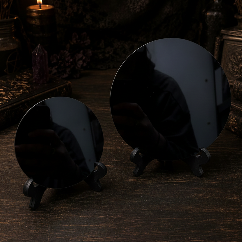 Two black round objects on a dark wooden surface with a candle and decorative elements in the background.