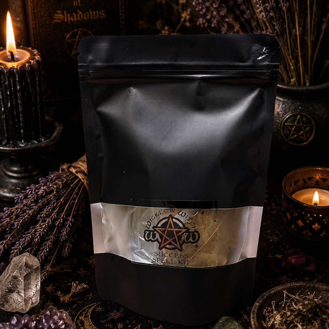 Black packaging with a label featuring a pentagram design, surrounded by candles and crystals on a dark background.